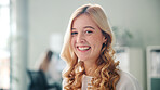About us, portrait and smile of employee woman in coworking office for job satisfaction or opportunity. Agency, confident and proud with happy business person at work for professional development