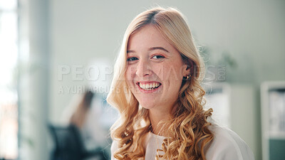 Buy stock photo About us, portrait and smile of employee woman in coworking office for job satisfaction or opportunity. Agency, confident and proud with happy business person at work for professional development