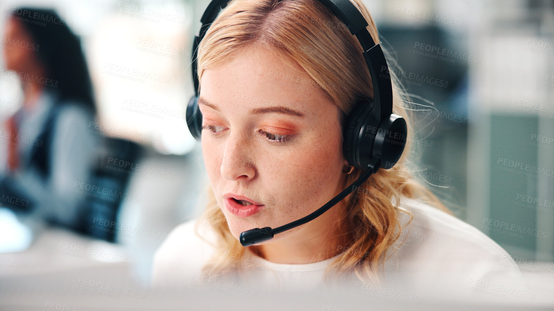 Buy stock photo Call center, headset and woman in office, connection and help desk with system solution. Person, feedback and agent in workplace, communication and contact us with customer support, talking or advice