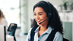 Call center, headset and woman with smile, consultation and help desk with system solution. Happy person, employee and agent in office, discussion and contact us with customer support and feedback
