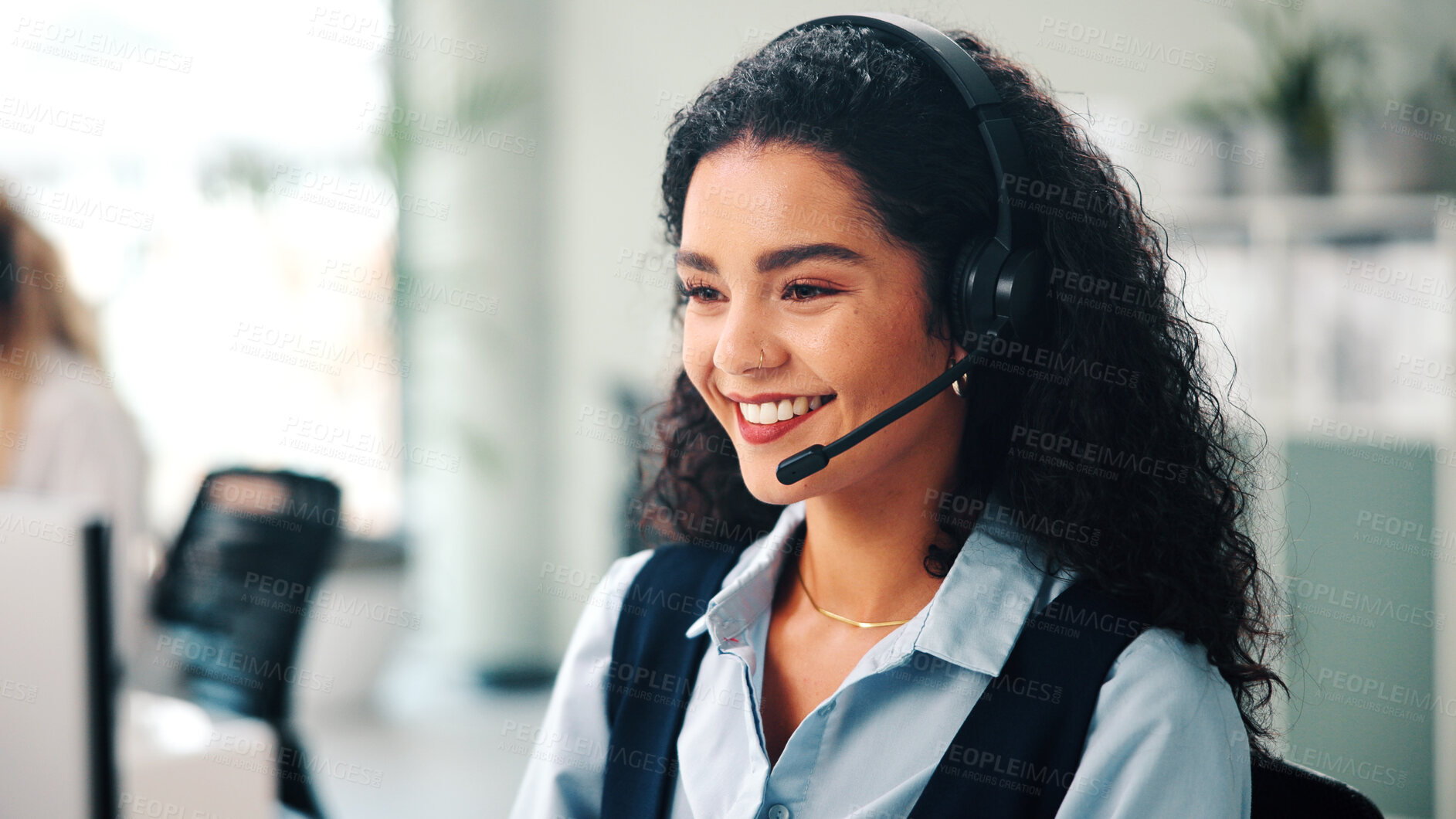 Buy stock photo Call center, headset and woman with smile, consultation and help desk with system solution. Happy person, employee and agent in office, discussion and contact us with customer support and feedback