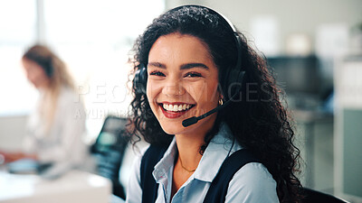 Buy stock photo Business woman, portrait and consultant with headset in office for online advice or customer service. Smile, female person or agent with technology for virtual assistance or help in call center