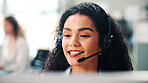 Call center, headset and woman in office, speaking and help desk with consultation. Happy person, employee and agent in workplace, system solution or contact us with customer support, talking and crm
