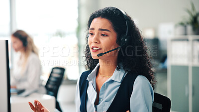 Buy stock photo Call center, headset and woman with feedback, speaking and help desk with system solution. Person, employee and agent in workplace, communication and contact us with customer service and consultation