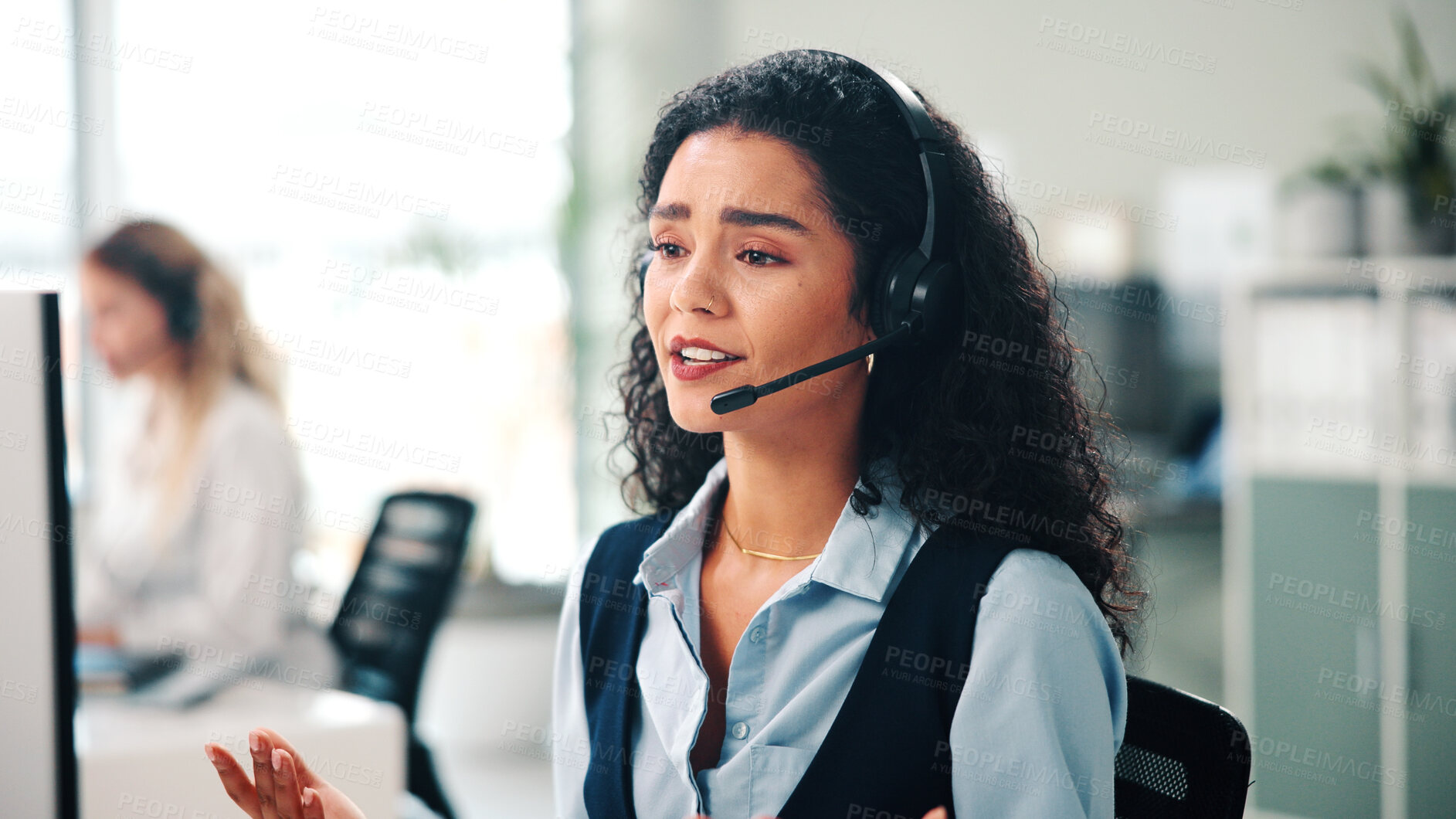 Buy stock photo Call center, headset and woman with feedback, speaking and help desk with system solution. Person, employee and agent in workplace, communication and contact us with customer service and consultation