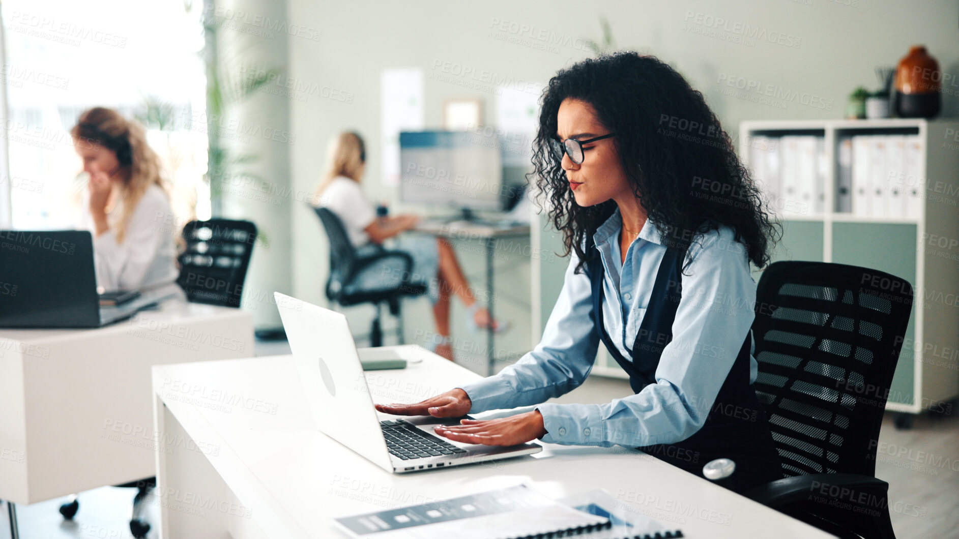 Buy stock photo Laptop, hand pain and business woman in office with injury, stress or arthritis. Computer, sore fingers and person in workplace with carpal tunnel syndrome, fibromyalgia and coworking with discomfort