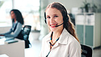 Woman, portrait and consultant with headset in office for online advice or customer service. Smile, female person or business agent with technology for virtual assistance or help in call center