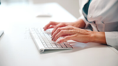 Buy stock photo Woman, hands or search with computer in office for public relations, press release or brand management. Female person, browse or typing with keyboard in workplace for PR statement, email or feedback.