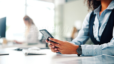 Buy stock photo Woman, hands and research with phone in office for public relations, social media management or info. Person, coworking or typing with tech in workplace for brand communication, PR feedback or email.