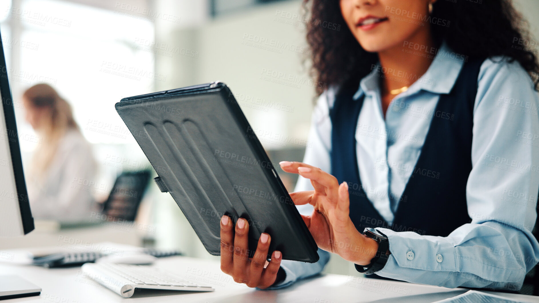 Buy stock photo Woman, hands and scroll with tablet in office for public relations, social media management or plan. Female person, coworking and search with tech for brand communication, digital app or PR feedback.