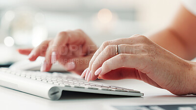 Buy stock photo Woman, hands and typing with computer in office for public relations, press release or brand management. Bokeh, female person or search with keyboard in workplace for PR statement, email or feedback.