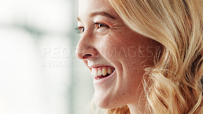 Buy stock photo Employee, woman and happy for good news, office and reporter with career development or mockup space. Laughing, journalist and person with smile for job promotion, media and creative in newsroom