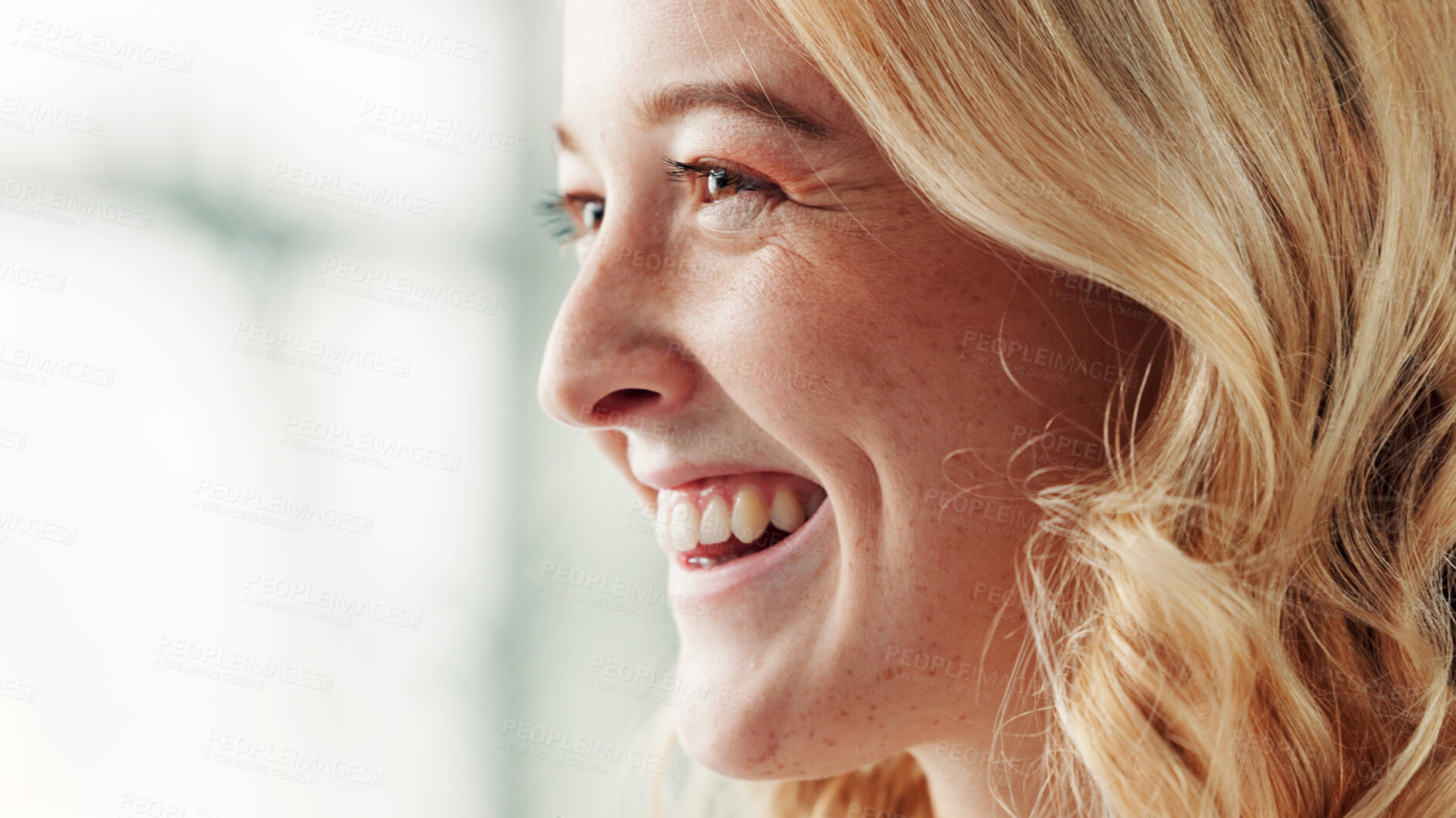Buy stock photo Employee, woman and happy for good news, office and reporter with career development or mockup space. Laughing, journalist and person with smile for job promotion, media and creative in newsroom