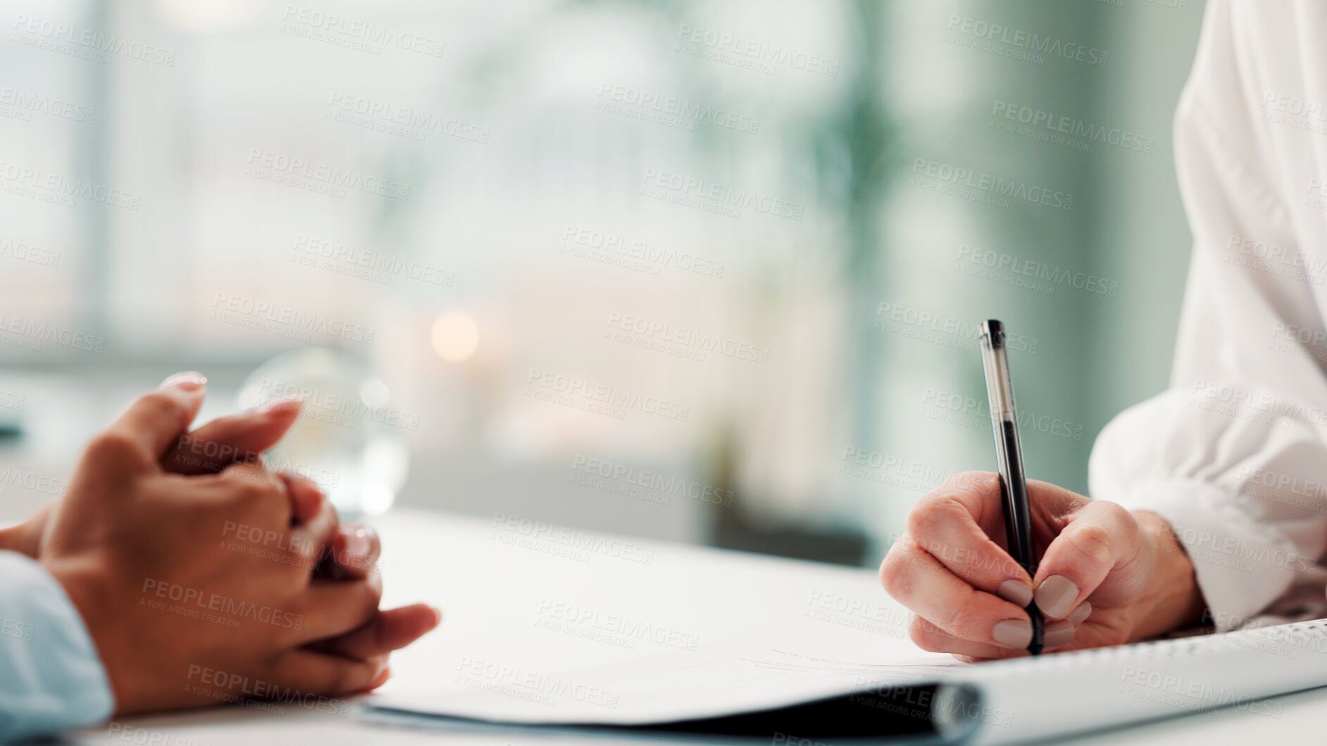 Buy stock photo People, hands and sign document in office with insurance agreement, terms and conditions for compliance. Person, writing or signature in workplace for contract, financial service policy or paperwork.