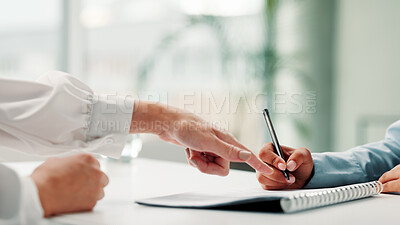 Buy stock photo Hands, business people and signature on contract for legal agreement, financial deal or pointing. Sign document, office or writing on form for investment application, terms and conditions with client