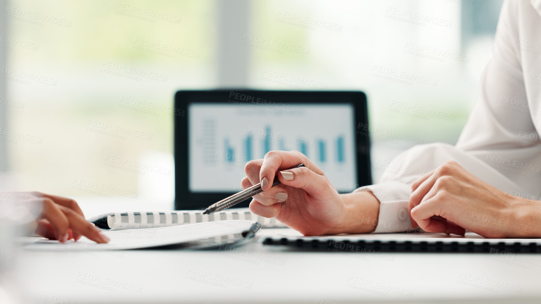 Buy stock photo Hands, documents and business people in meeting for feedback, performance review and paperwork. Report graphs, sales planning and manager with budgeting portfolio for employee in financial office