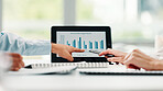 Hands, tablet screen and business people in meeting for feedback, performance review or document. Report graphs, sales planning and manager with budgeting portfolio with paperwork in financial office