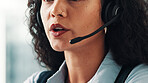 Business woman, mouth and consultant with headset in office for online advice or customer service. Support, female person or agent with technology for virtual assistance or help in call center