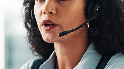 Buy stock photo Business woman, mouth and consultant with headset in office for online advice or customer service. Support, female person or agent with microphone for virtual assistance or help in call center