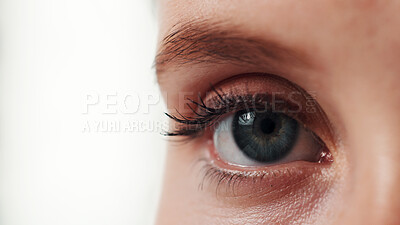Buy stock photo Portrait, woman and vision with eye in studio for eyesight, visual perspective and insight. Closeup, person and retinal focus with contact lens for perception, clear sight and peripheral awareness