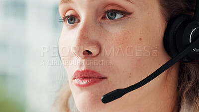 Buy stock photo Call center, headset and woman in office, help desk and communication with system solution. Person, employee and agent in workplace, advice and contact us with customer service, support or connection