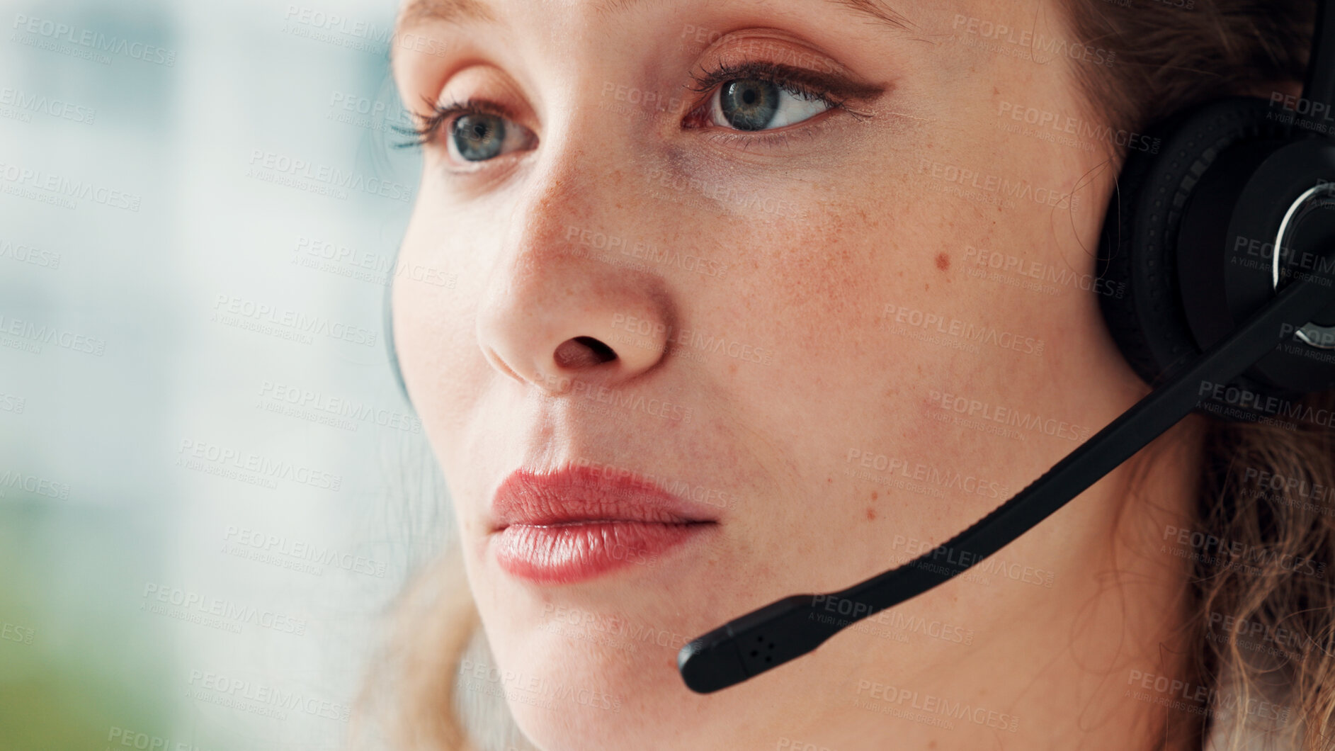 Buy stock photo Call center, headset and woman in office, help desk and communication with system solution. Person, employee and agent in workplace, advice and contact us with customer service, support or connection