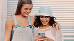 Phone, friends and happy women outdoor with hug for social media, share text or laugh at joke. Smile, girls and reading message with mobile for chat, embrace and networking together with online meme