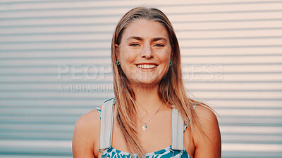 Buy stock photo Portrait, woman and happy for fashion outdoor for travel, trendy streetwear and casual clothes. Smile, female person and gen z pride with edgy outfit, cool shirt and minimalist aesthetic on holiday 