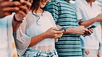 Hands, phone and typing with happy people outdoor together for connection or social media browsing. App, contact and text message with friends in line for communication, online chat or reading