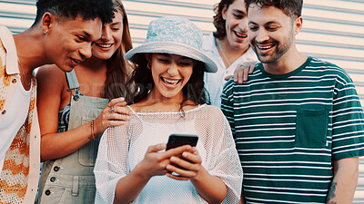 Buy stock photo Mobile, funny friends and people outdoor for social media, connectivity or share meme. Laugh, men and women with phone for chat, humor and networking together for online communication with group