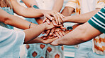 Hands stack, outdoor and people with support, teamwork and unity with community. Closeup, friendship and group with gesture, solidarity and cooperation with trust, motivation and collaboration