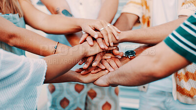 Buy stock photo Hands stack, outdoor and people with support, teamwork and unity with community. Closeup, friendship and group with gesture, solidarity and cooperation with trust, motivation and collaboration