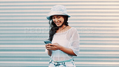 Buy stock photo Outdoor, connection or happy woman typing with phone for communication, digital chat or reading message. Check notification, texting or person smile with mobile for browsing web, networking or space