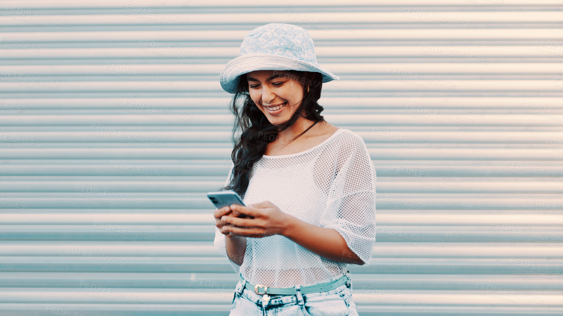 Buy stock photo Outdoor, connection or happy woman typing with phone for communication, digital chat or reading message. Check notification, texting or person smile with mobile for browsing web, networking or space