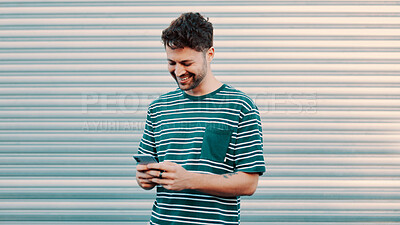 Buy stock photo Outdoor, connectivity or happy man typing with phone for communication, digital chat or reading message. Check notification, texting or person with mobile for browsing web, networking or mockup space