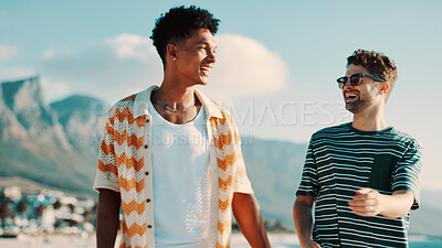 Buy stock photo Men, friends outdoor or laughing on beach with walk for bonding together, summer holiday or adventure. Happy, people and stroll by ocean with sunglasses for hot weather, travel and vacation activity.