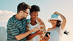 Smartphone, happy friends and people outdoor for social media, embrace or share text on holiday. Hug, men and woman with mobile for chat, point and networking for communication with group on vacation