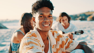 Buy stock photo Beach, portrait and travel with happy man outdoor in nature for bonding, friends trip or summer fun. Break, smile and vacation with group of friends on shore at coast for holiday or weekend getaway