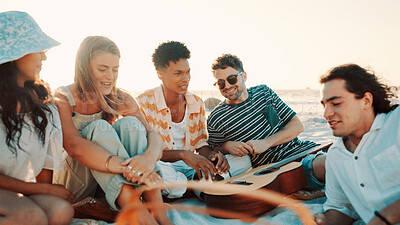 Buy stock photo Beach, relax and people with vacation, friends and conversation with tropical island. Seaside, men and women with summer holiday, weekend break and discussion with getaway trip and social gathering