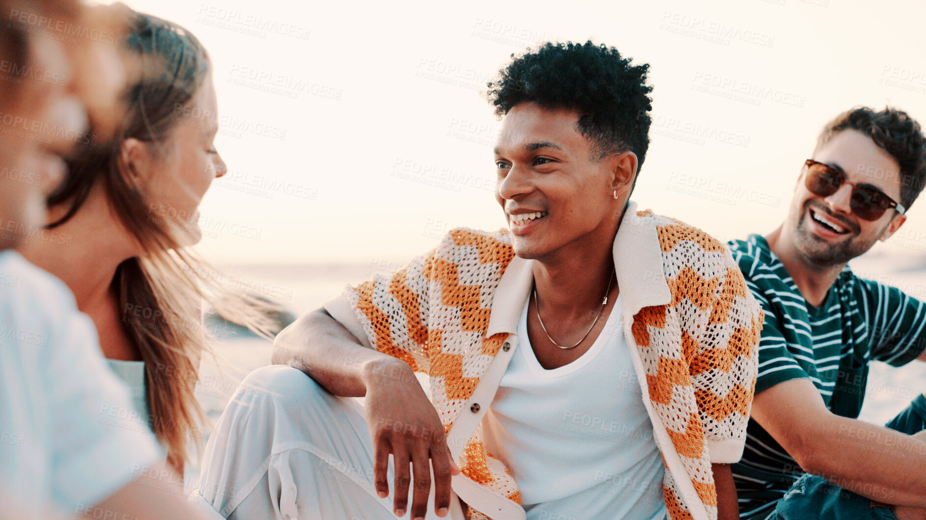 Buy stock photo Group, talk and vacation with friends, beach and bonding on break, laugh or conversation with smile. Happy, people and discussion on summer holiday, getaway and together in nature, travel and outdoor