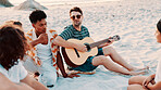 Friends, singing or play guitar at beach with summer holiday, vacation or music for bonding together. Musician, people outdoor or song with acoustic instrument by ocean for weekend trip, relax or fun