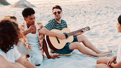 Buy stock photo Friends, singing or play guitar at beach with summer holiday, vacation or music for bonding together. Musician, people outdoor or song with acoustic instrument by ocean for weekend trip, relax or fun