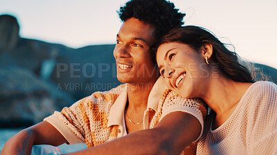 Buy stock photo Happy couple, beach date and relax together, summer travel or romantic anniversary holiday for love. Care, outdoor bonding or woman rest on man shoulder for support, smile and vacation trip in Miami 