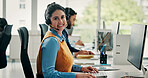 Computer, portrait and happy woman in call center for technical support, help desk or coworking. Smile, hotline and consultant with technology for customer service, IT solution or network connection