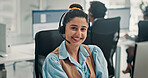 Portrait, contact us and happy woman in call center for help desk, technical support or coworking. Smile, hotline and consultant with headset for customer service, IT solution or network connection