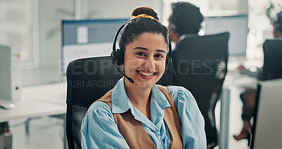 Buy stock photo Portrait, contact us and happy woman in call center for help desk, technical support or coworking. Smile, hotline and consultant with headset for customer service, IT solution or network connection