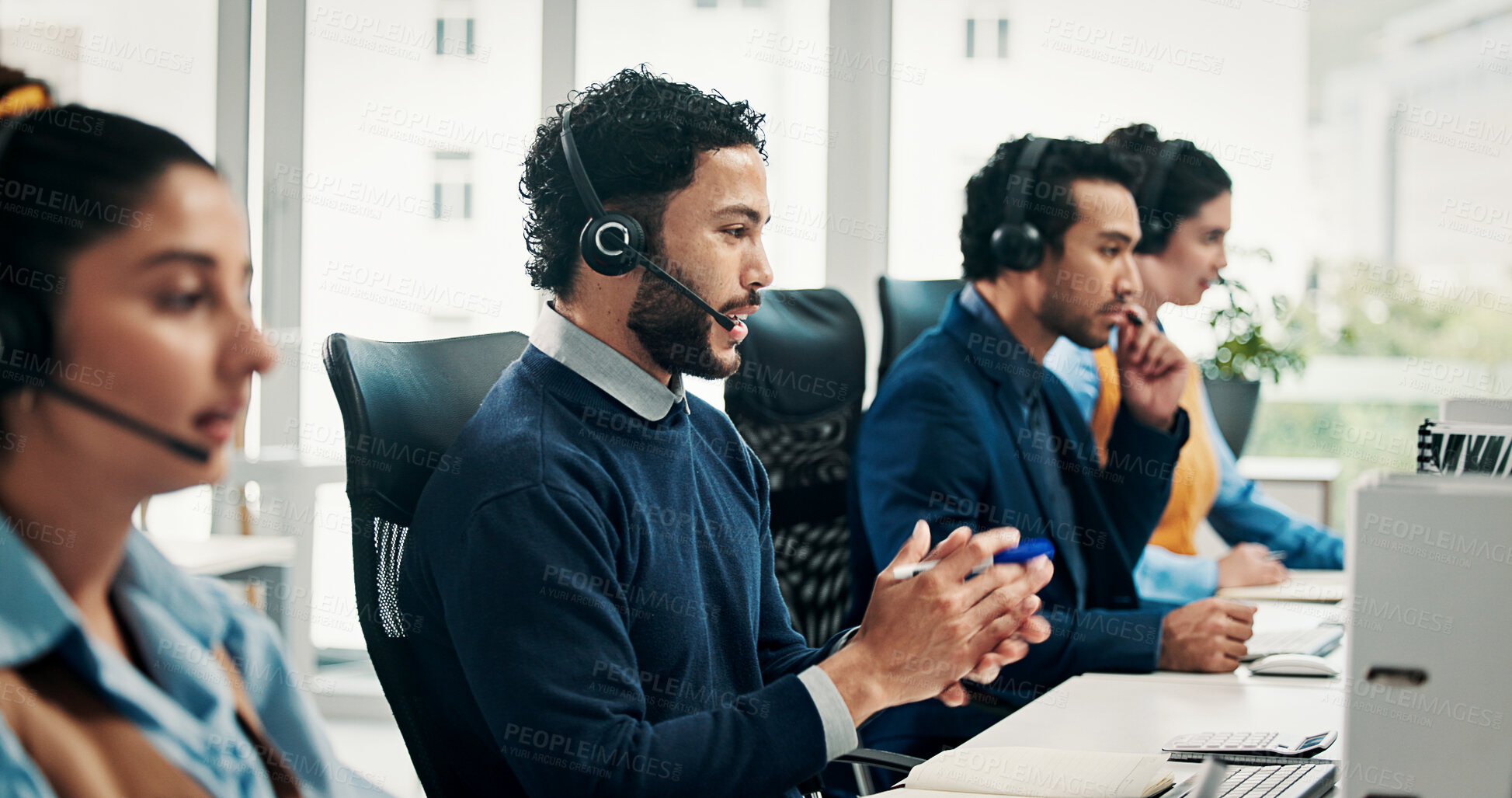 Buy stock photo Virtual assistant, staff and man with technology in call center, customer care and communication. Troubleshooting, online advice or help desk agent consulting with client, headset or people coworking