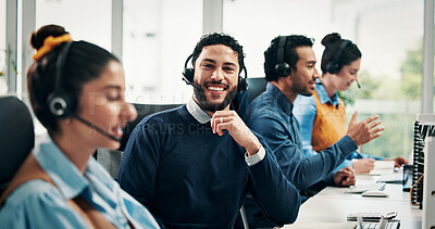 Buy stock photo Portrait, man and headset with smile in call center for customer service, assistance and help desk. Happy, male advisor and coworking with computer, contact us and representative of technical support