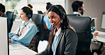 Virtual assistant, headset or happy woman in call center with computer, customer care or contact. Troubleshooting, online advice or help desk agent with tech support consultation, people or coworking