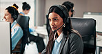 Computer, contact us and happy woman in call center for customer service, help desk or coworking. Smile, hotline or consultant with technology for technical support, IT solution or network connection